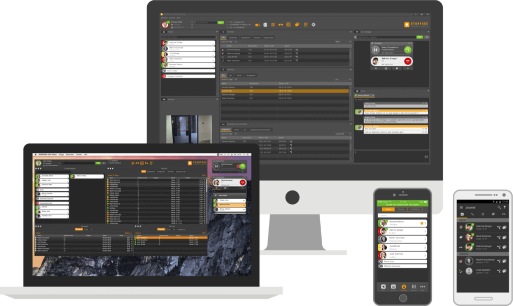 starface-telefonanlage-stuttgart Laptop, Tablet und Smartphones mit der Bedienoberfläche der Starface Telefonanlage.